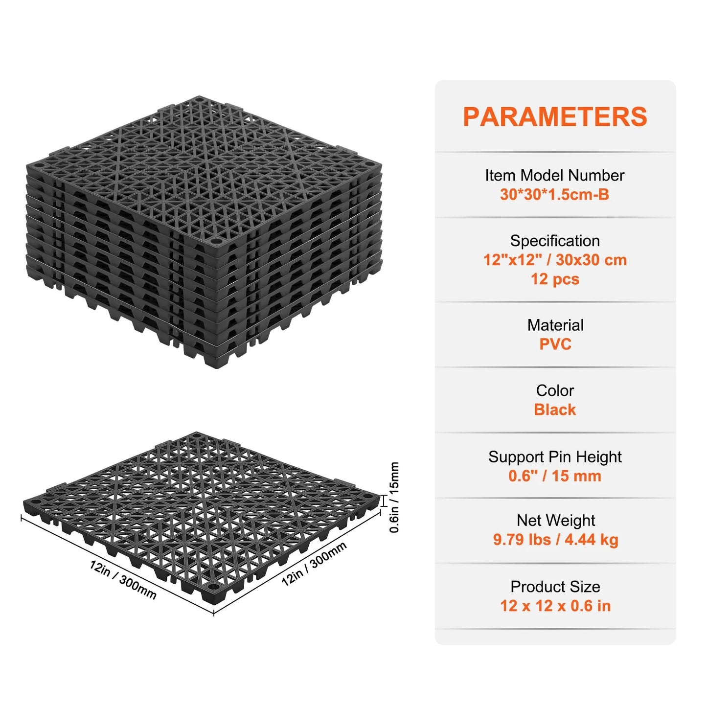 12 PCS Interlocking Drainage Floor Mat 12" X 12" X 0.6" Modular Interlocking Cushion PVC Non-Slip Drainage Tiles Mats for Pool, Bathroom, Shower, Deck, Patio (Black)