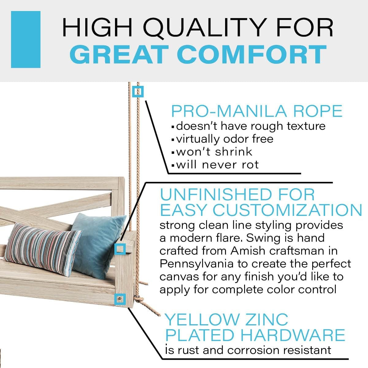 Amish Heavy Duty 700 Lb Boardwalk Porch Swing W/Ropes (5 Foot, Unfinished)