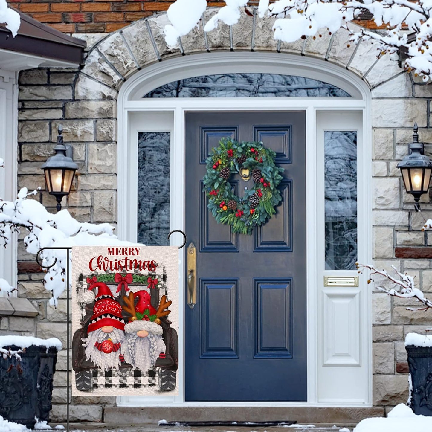 Home Decorative Merry Christmas Santa Gnome Garden Flag, House Yard Xmas Truck Antlers Black Buffalo Plaid Check outside Decoration, Winter Farmhouse Outdoor Small Flag Decor Double Sided 12X18