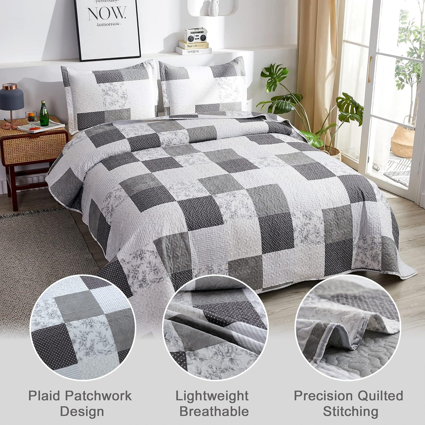 Quilt Set King Floral Bedspread Coverlet Plaid Patchwork Quilt Bedding Morden Lightweight Bedspread Reversible Home Quilts Grey Paisley Floral Quilt Bedspread Black White Plaid Quilt