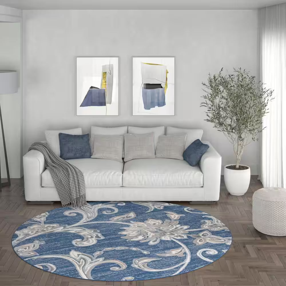 Madison Floral Navy 6 Ft. round Indoor Area Rug