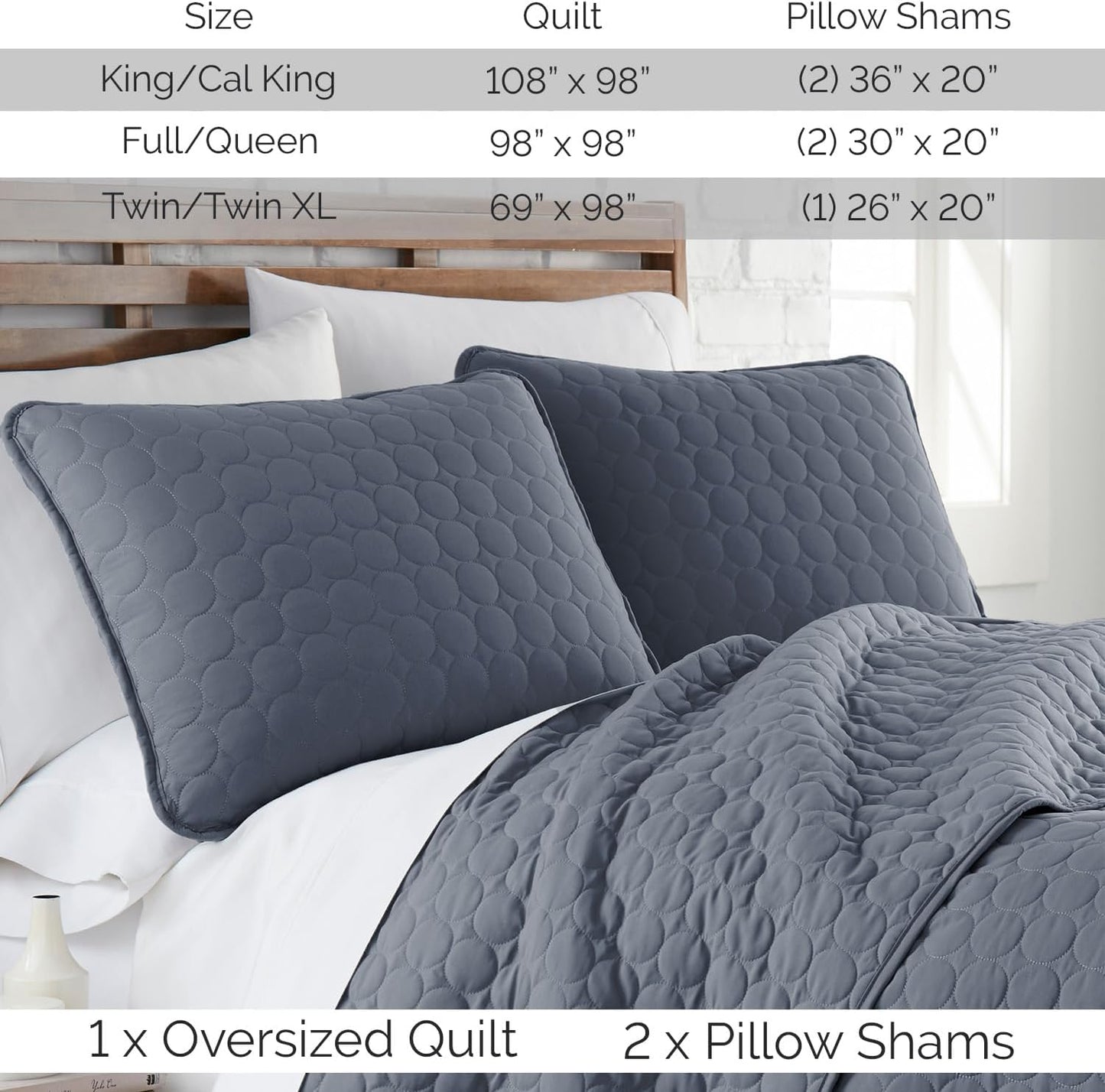 Full/Queen Quilt Bedding Set with 2 Quilted Pillow Shams, Circle Stitched Full Size Bedspread, Lightweight Blue Quilt Coverlet Queen Size, Steel Blue
