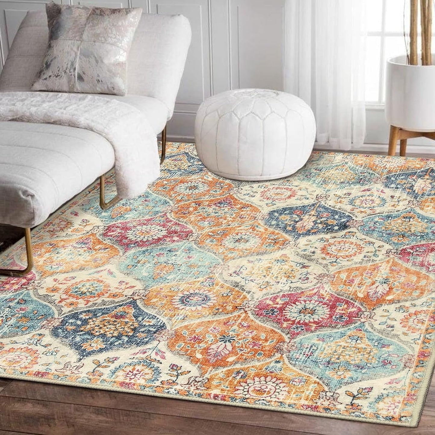5'X7' Area Rug for Living Room Non-Slip Moroccan Indoor Washable Rug Ultra-Thin Foldable Soft Carpet Floral Accent Throw Rug for Kitchen Entryway Bathroom Bedroom Office Carpet,Grey