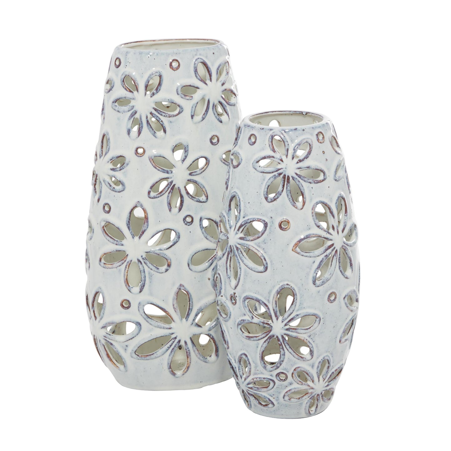 14", 11"H Floral Handmade Daisy Cut Out White Ceramic Vase, Set of 2