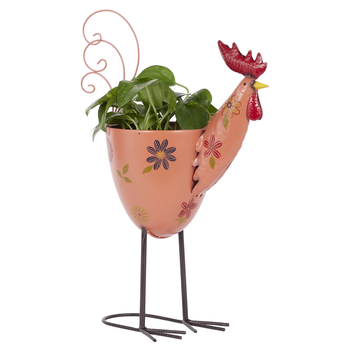 8" X 16" Indoor Outdoor Pink Metal Pig Planter with Floral Pattern Planter