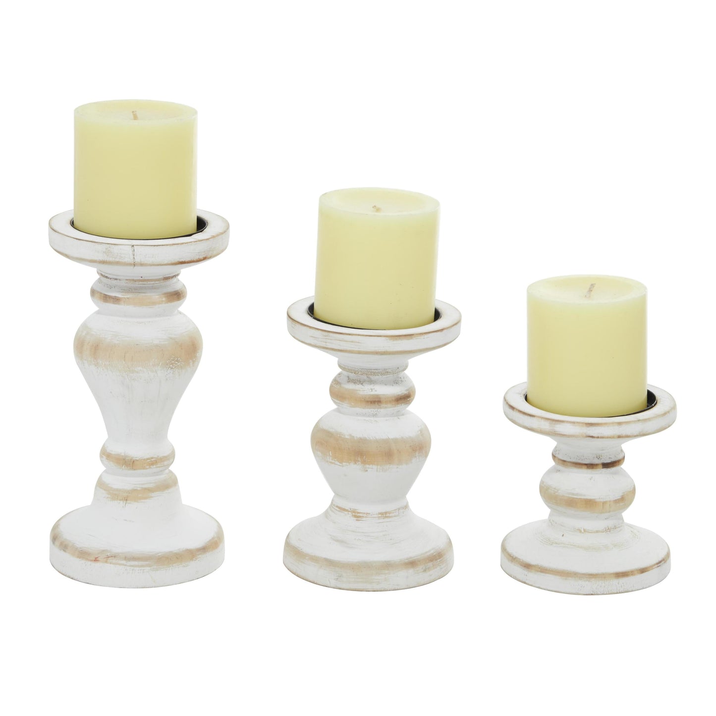Farmhouse White Washed Wooden Curved Pillar Candle Holders Set of 3, 8", 6", 4"H Natural Distressed Finish