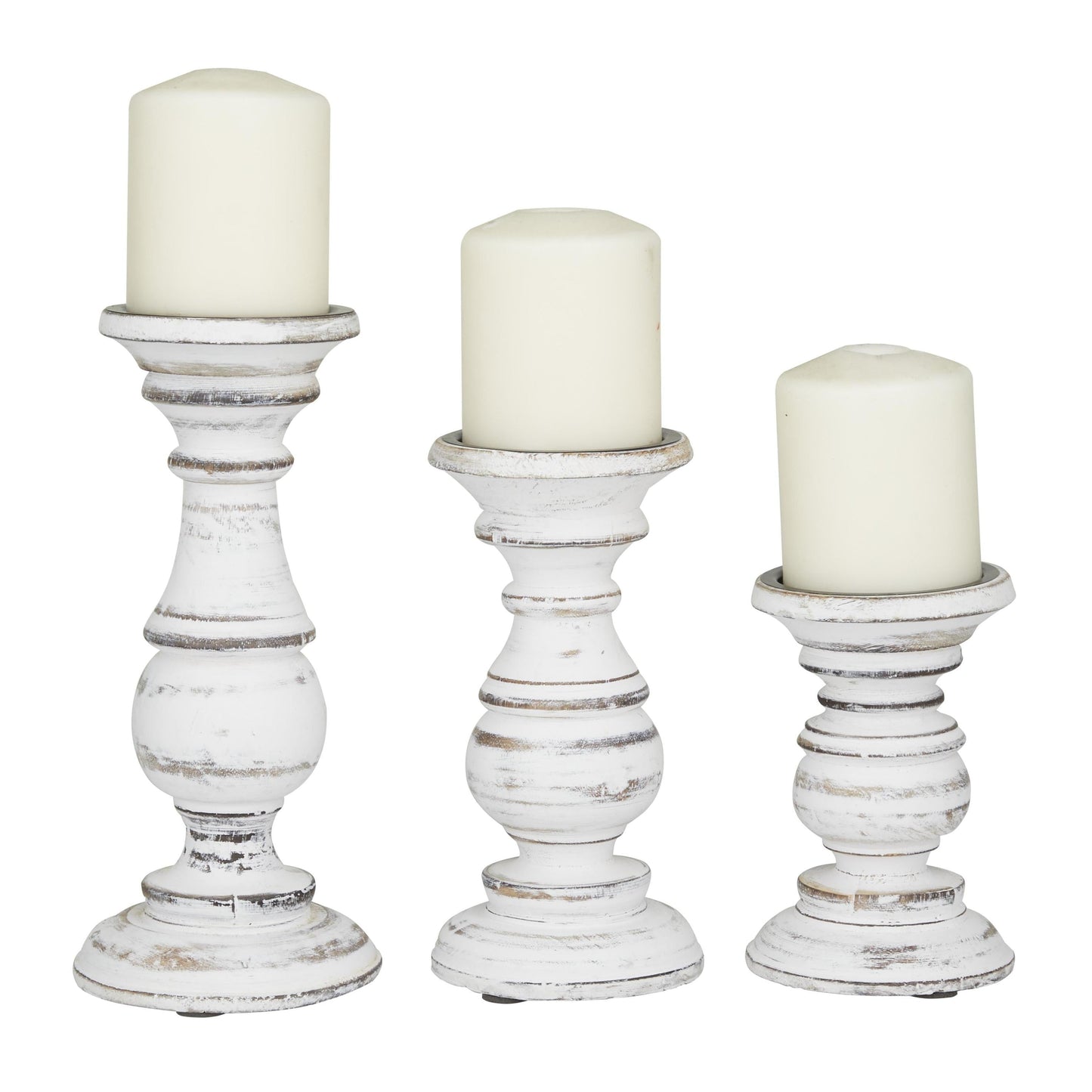 Traditional and Timeless Mango Wood Pillar Candle Holder Set of 3, 6", 8", 1"H, White/Rose Blush Finish