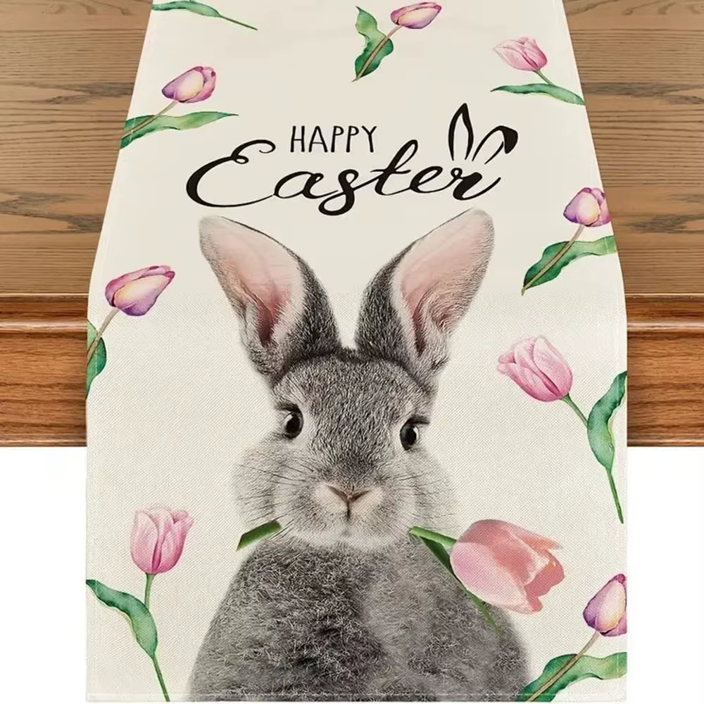 Easter Rabbit Colorful Eggs Flowers Green Plaid Linen Table Runners Washable Kitchen Dining Table Runners Wedding Decorations