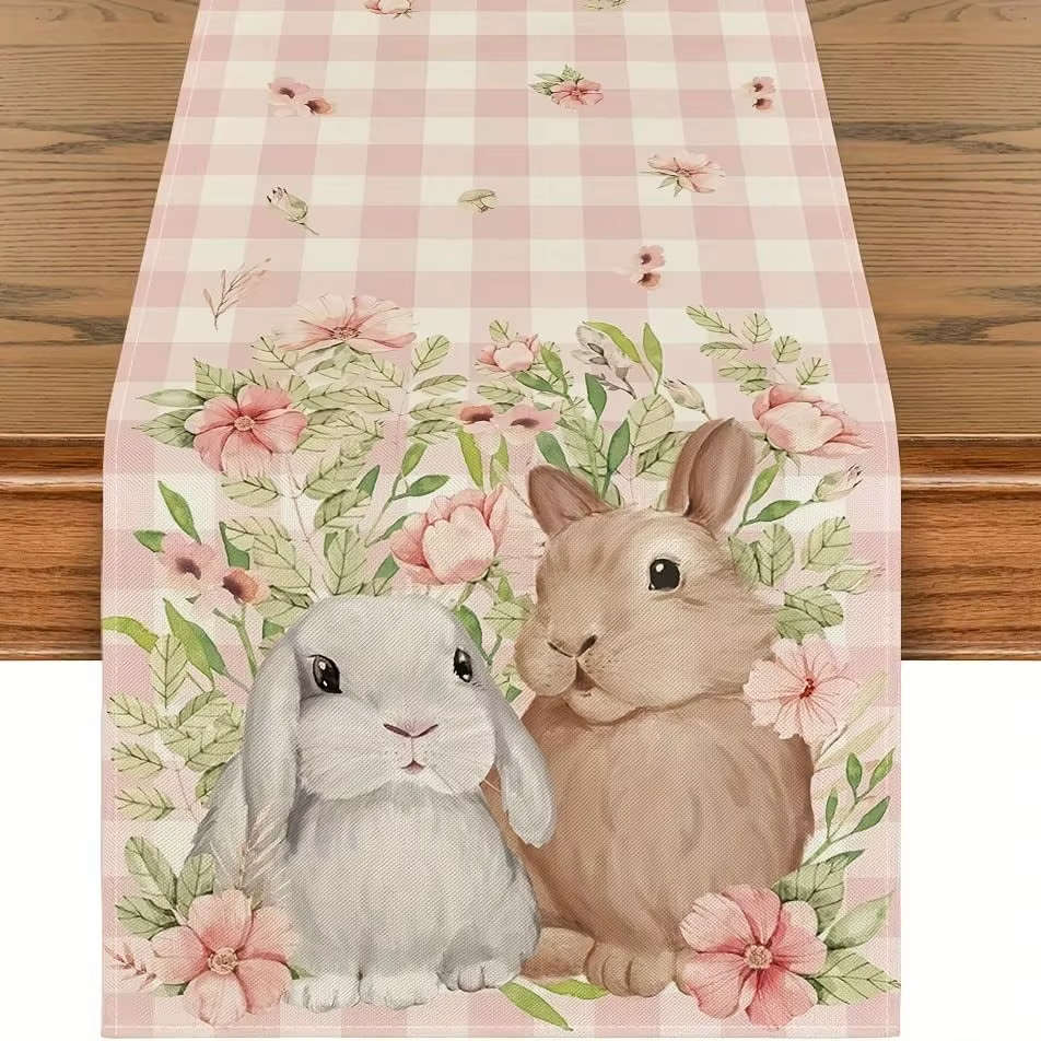 Easter Rabbit Colorful Eggs Flowers Green Plaid Linen Table Runners Washable Kitchen Dining Table Runners Wedding Decorations