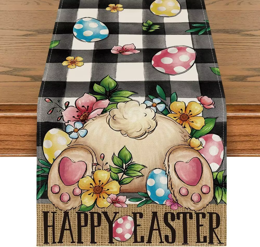 Easter Rabbit Colorful Eggs Flowers Green Plaid Linen Table Runners Washable Kitchen Dining Table Runners Wedding Decorations