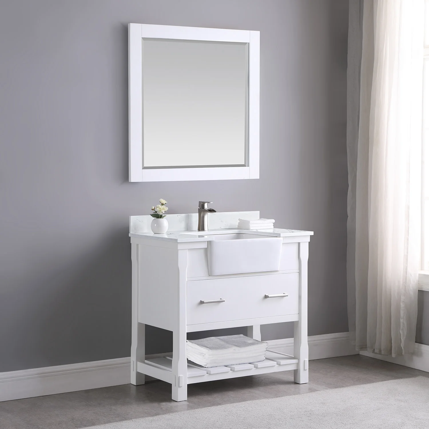 Georgia 36" Single Bathroom Vanity Set in White and Aosta White Composite Stone Top with White Farmhouse Basin without Mirror