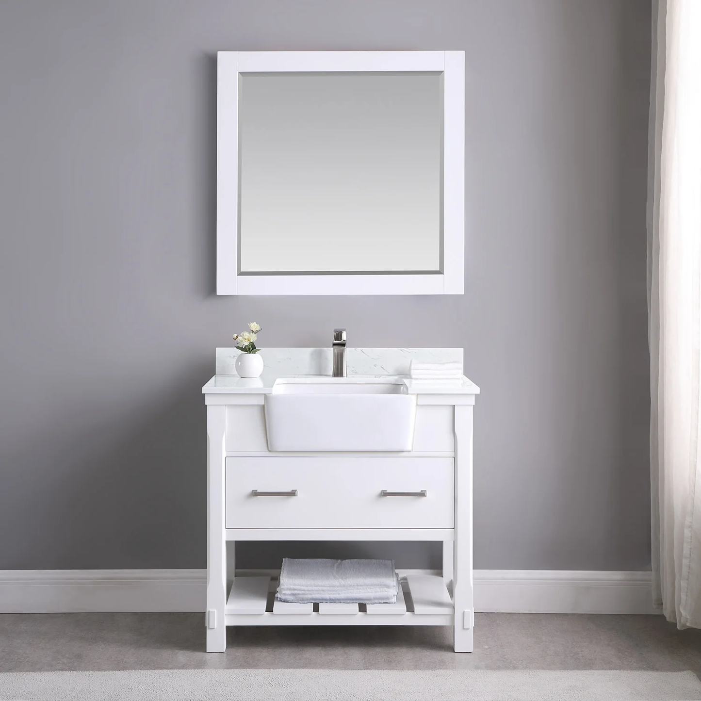 Georgia 36" Single Bathroom Vanity Set in White and Aosta White Composite Stone Top with White Farmhouse Basin without Mirror