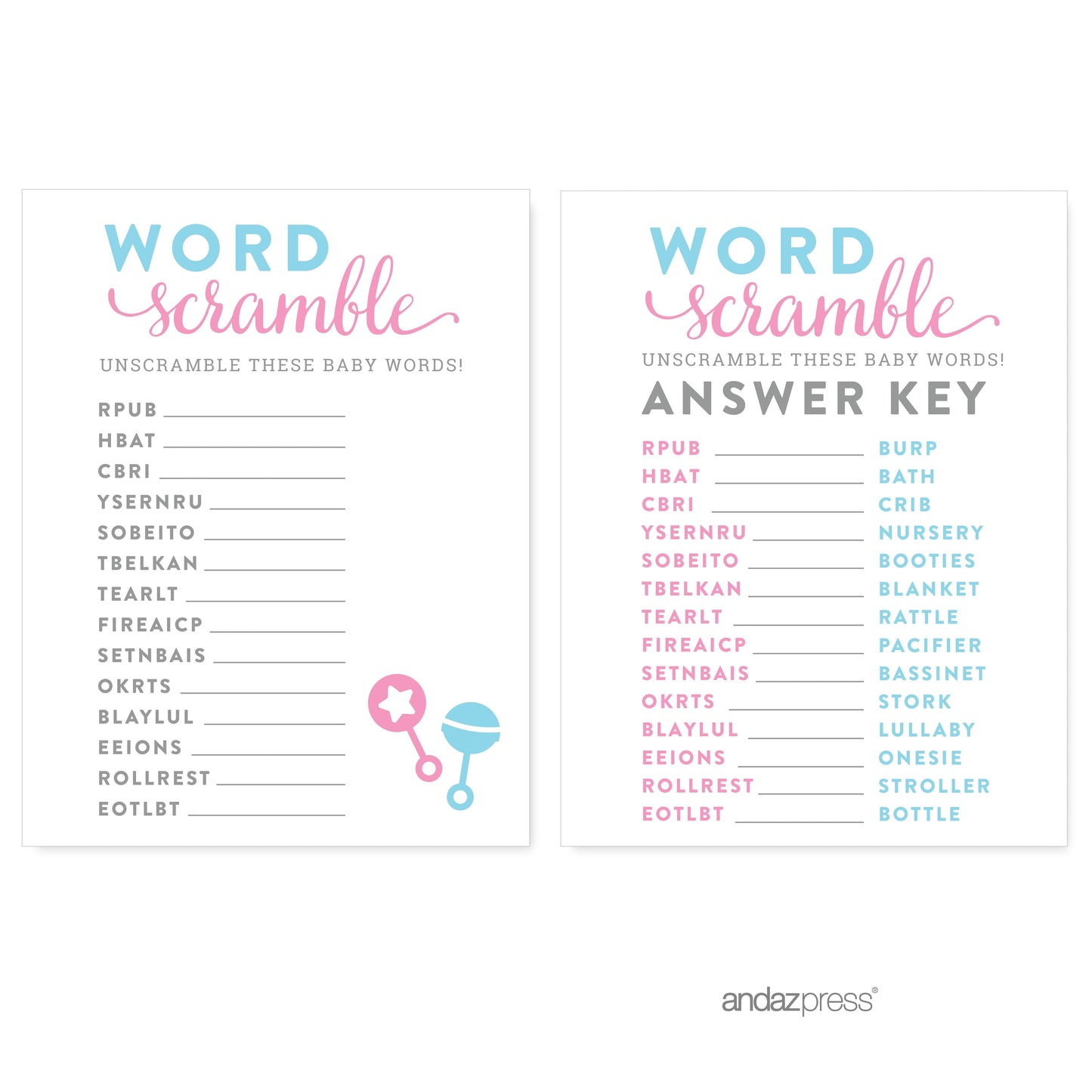 Word Scramble Team Pink/Blue Gender Reveal Baby Shower Paper Games, Favors 20PC