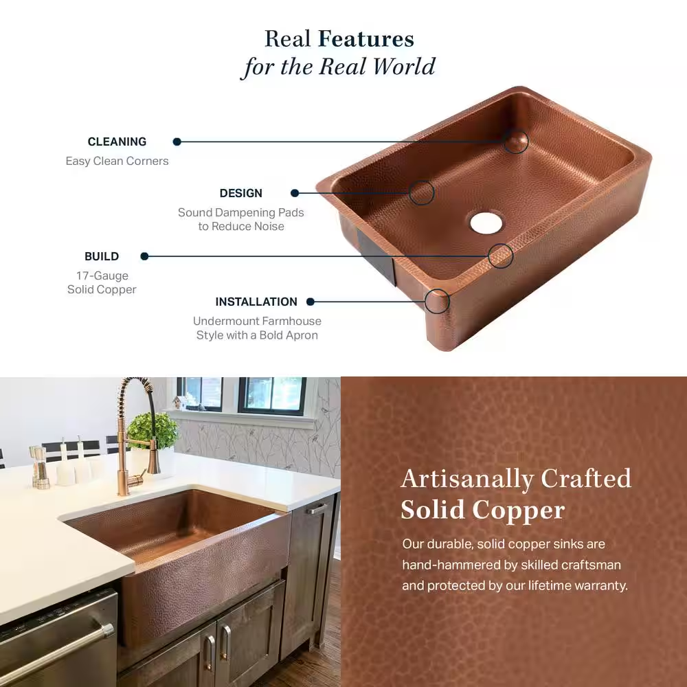 Lange 30 In. Farmhouse Apron Front Undermount Single Bowl 16 Gauge Antique Copper Kitchen Sink