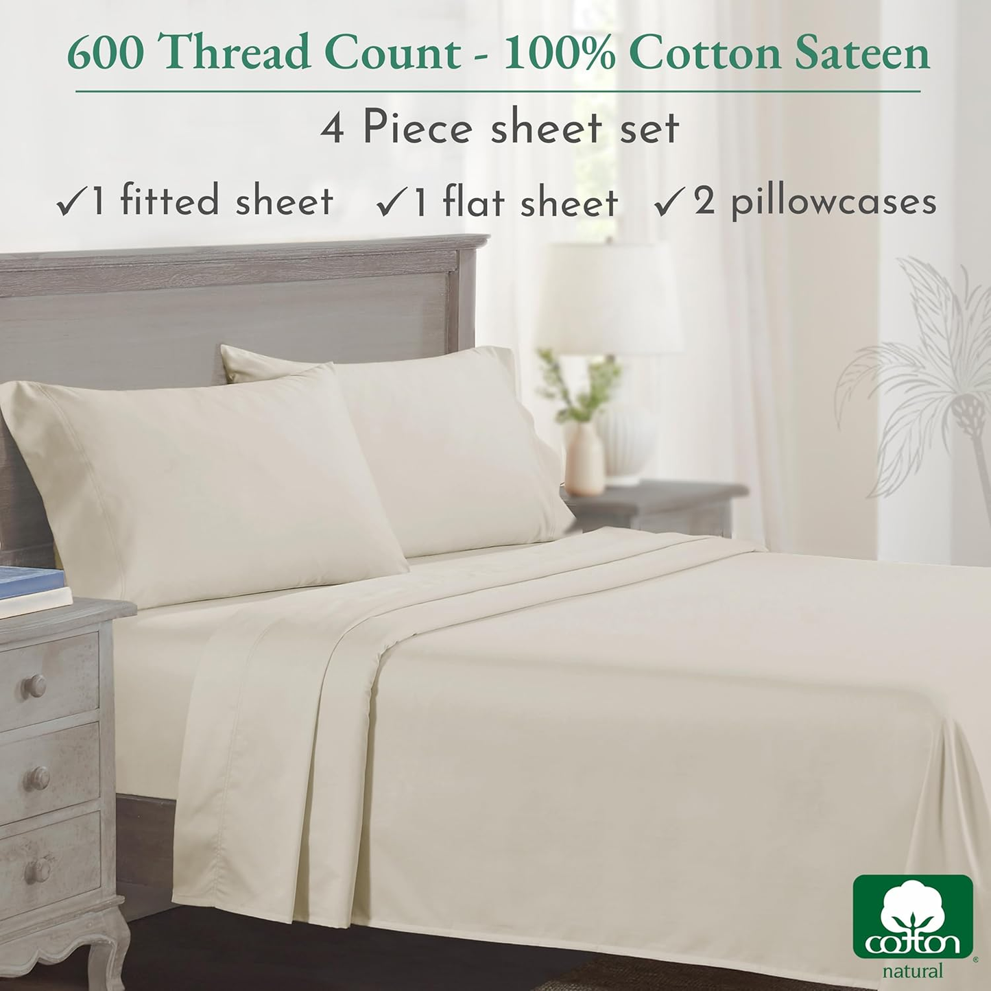 - Luxury Full Size Sheet Set - 100% Cotton, 600 Thread Count Deep Pocket Full Size Bed Sheets, Cooling Hotel-Quality Sheets with Sateen Weave - Ivory
