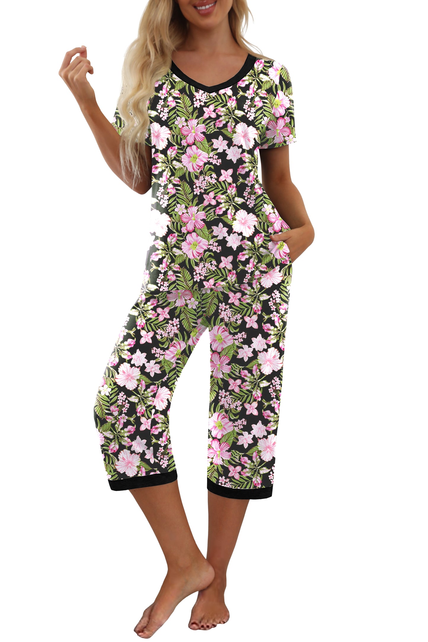 Women'S Pajama Sets Short Sleeve Shirt and Capri Soft Pajama Sets with Pockets