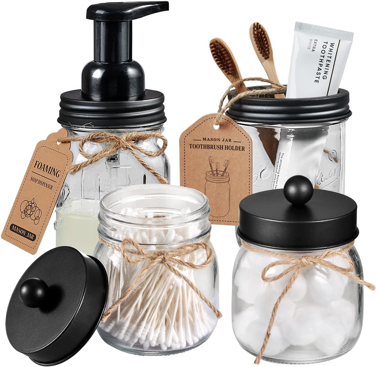Mason Jar Bathroom Accessories Set 4 Pack - Foaming Soap Dispenser&2 Qtip Holders&Toothbrush Holder-Rustic Farmhouse Decor Bathroom Organizer Apothecary Jar Country Countertop (Black)