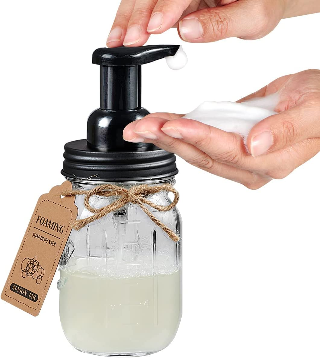 Mason Jar Bathroom Accessories Set 4 Pack - Foaming Soap Dispenser&2 Qtip Holders&Toothbrush Holder-Rustic Farmhouse Decor Bathroom Organizer Apothecary Jar Country Countertop (Black)