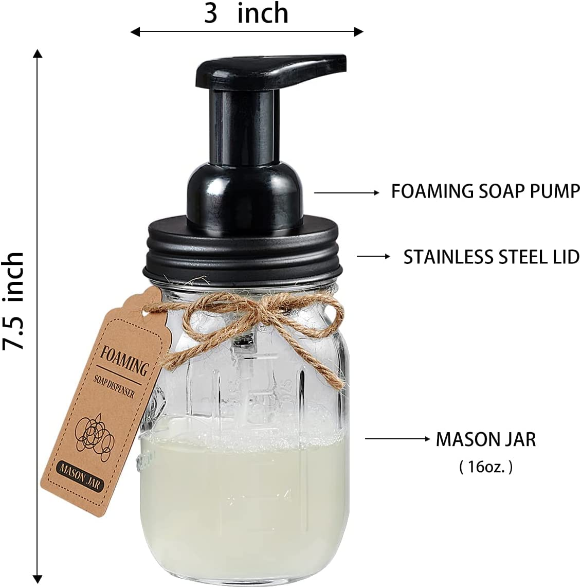 Mason Jar Bathroom Accessories Set 4 Pack - Foaming Soap Dispenser&2 Qtip Holders&Toothbrush Holder-Rustic Farmhouse Decor Bathroom Organizer Apothecary Jar Country Countertop (Black)