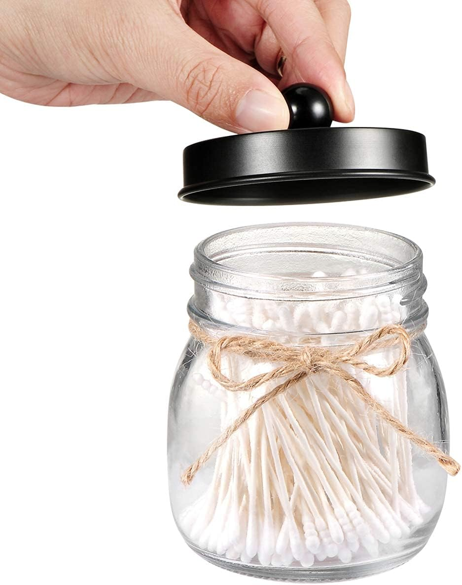 Mason Jar Bathroom Accessories Set 4 Pack - Foaming Soap Dispenser&2 Qtip Holders&Toothbrush Holder-Rustic Farmhouse Decor Bathroom Organizer Apothecary Jar Country Countertop (Black)