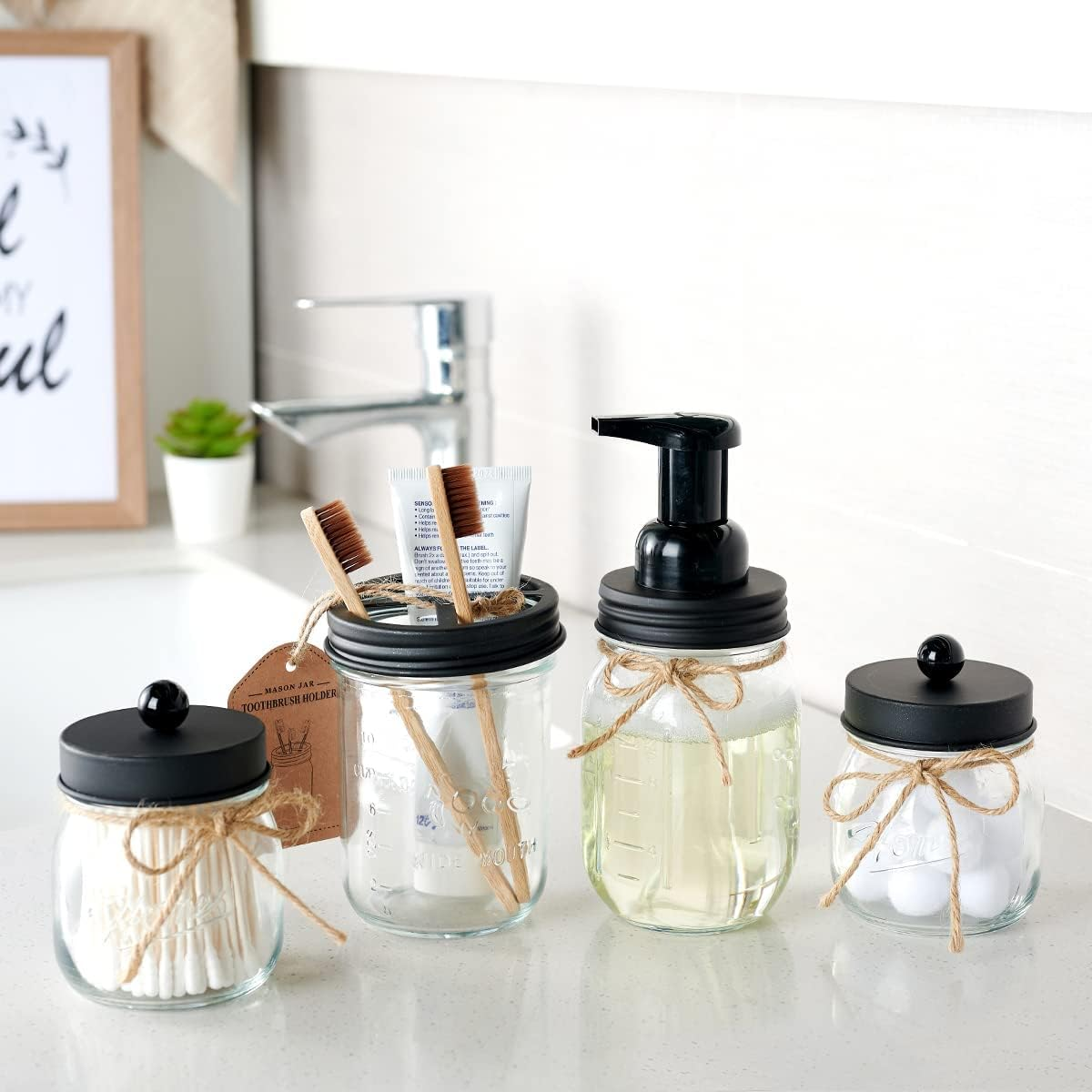 Mason Jar Bathroom Accessories Set 4 Pack - Foaming Soap Dispenser&2 Qtip Holders&Toothbrush Holder-Rustic Farmhouse Decor Bathroom Organizer Apothecary Jar Country Countertop (Black)