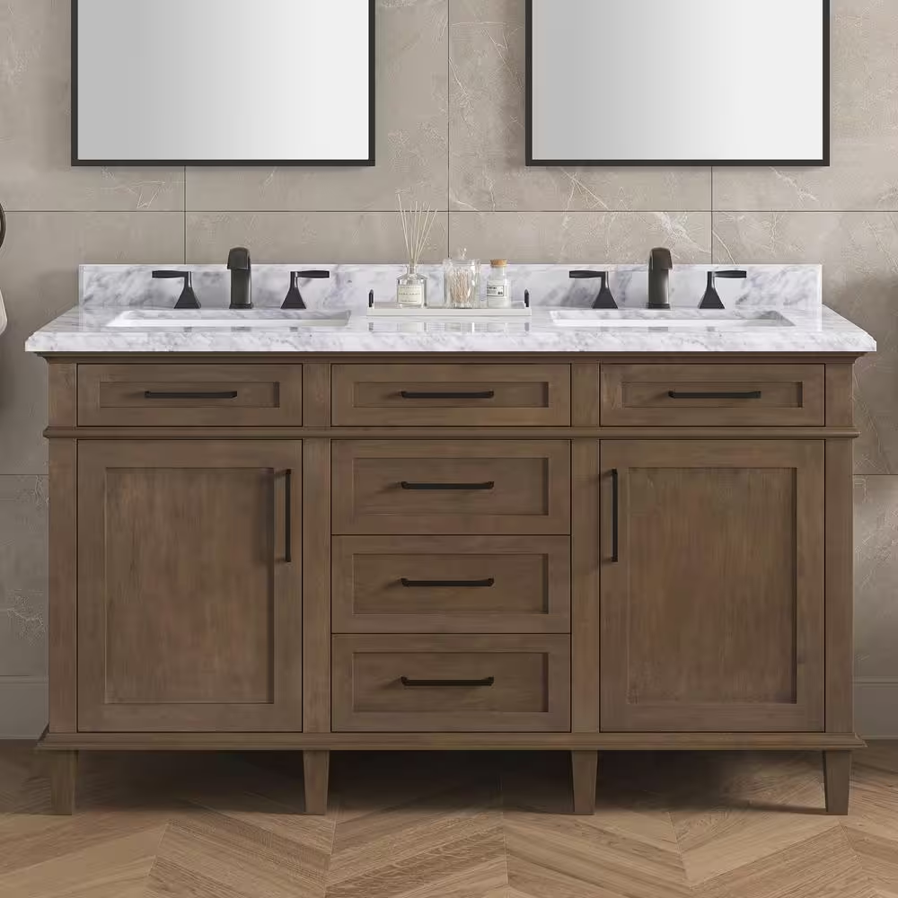 Sonoma 60 In. Double Sink Almond Latte Bath Vanity with Carrara Marble Top (Assembled)