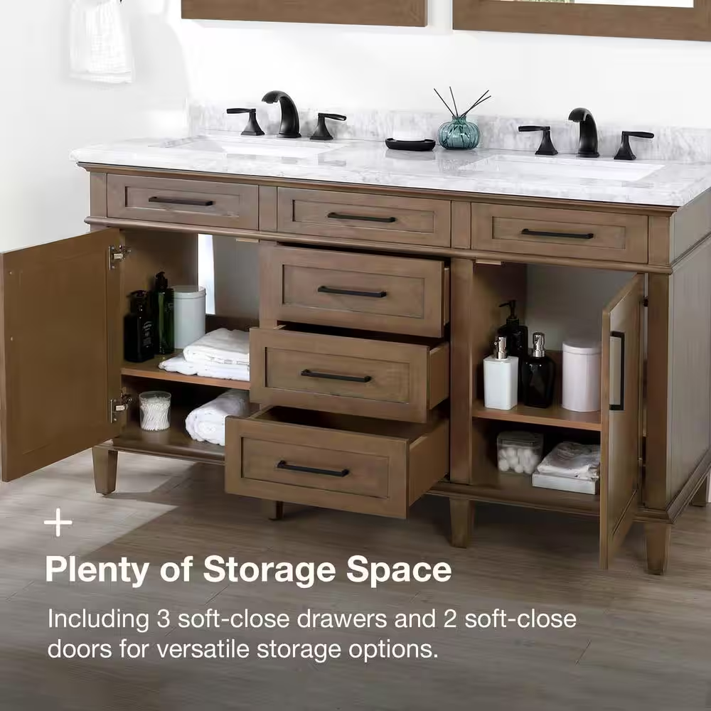 Sonoma 60 In. Double Sink Almond Latte Bath Vanity with Carrara Marble Top (Assembled)
