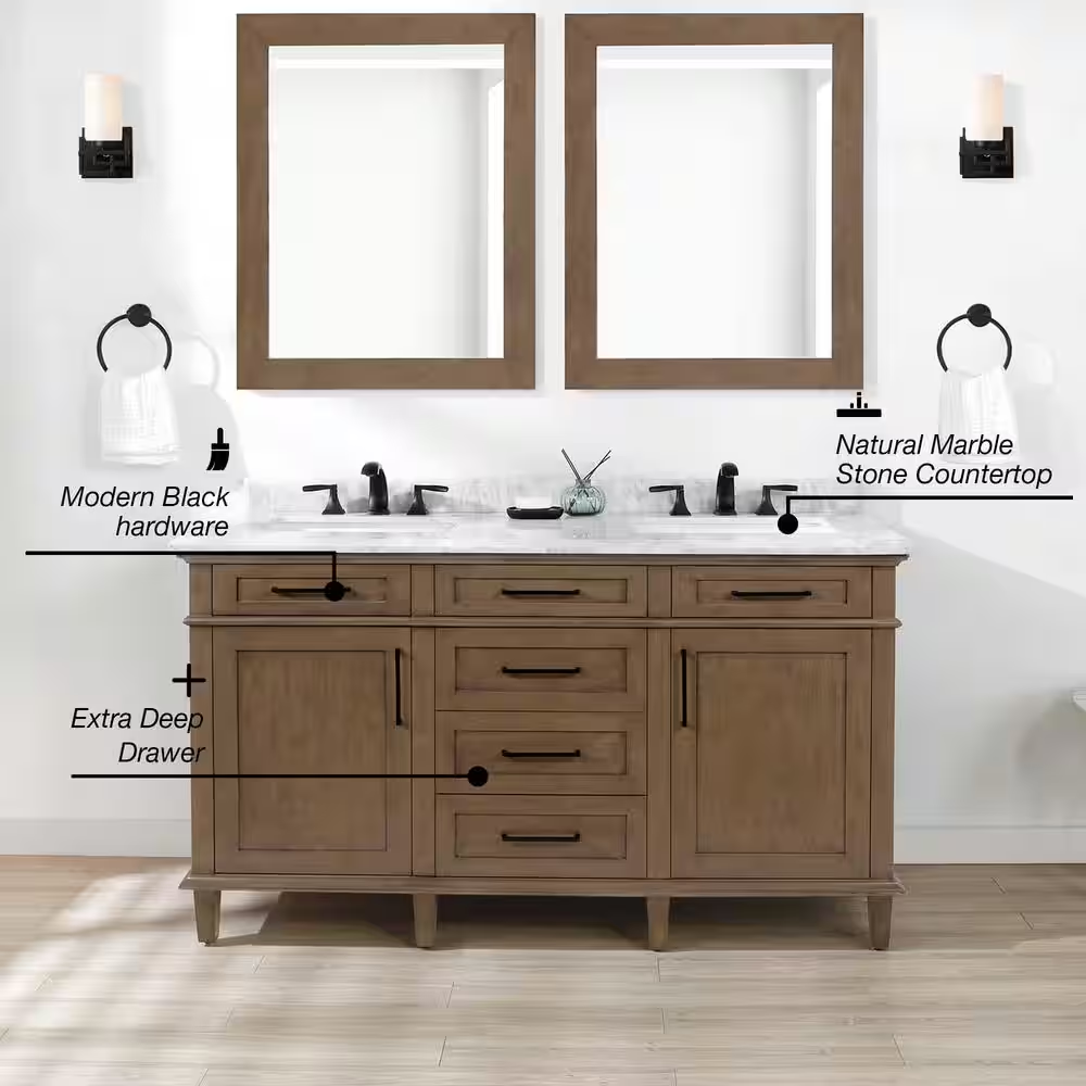 Sonoma 60 In. Double Sink Almond Latte Bath Vanity with Carrara Marble Top (Assembled)