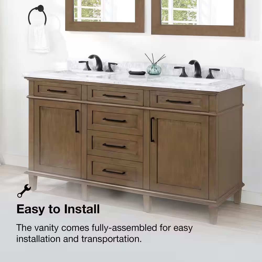 Sonoma 60 In. Double Sink Almond Latte Bath Vanity with Carrara Marble Top (Assembled)