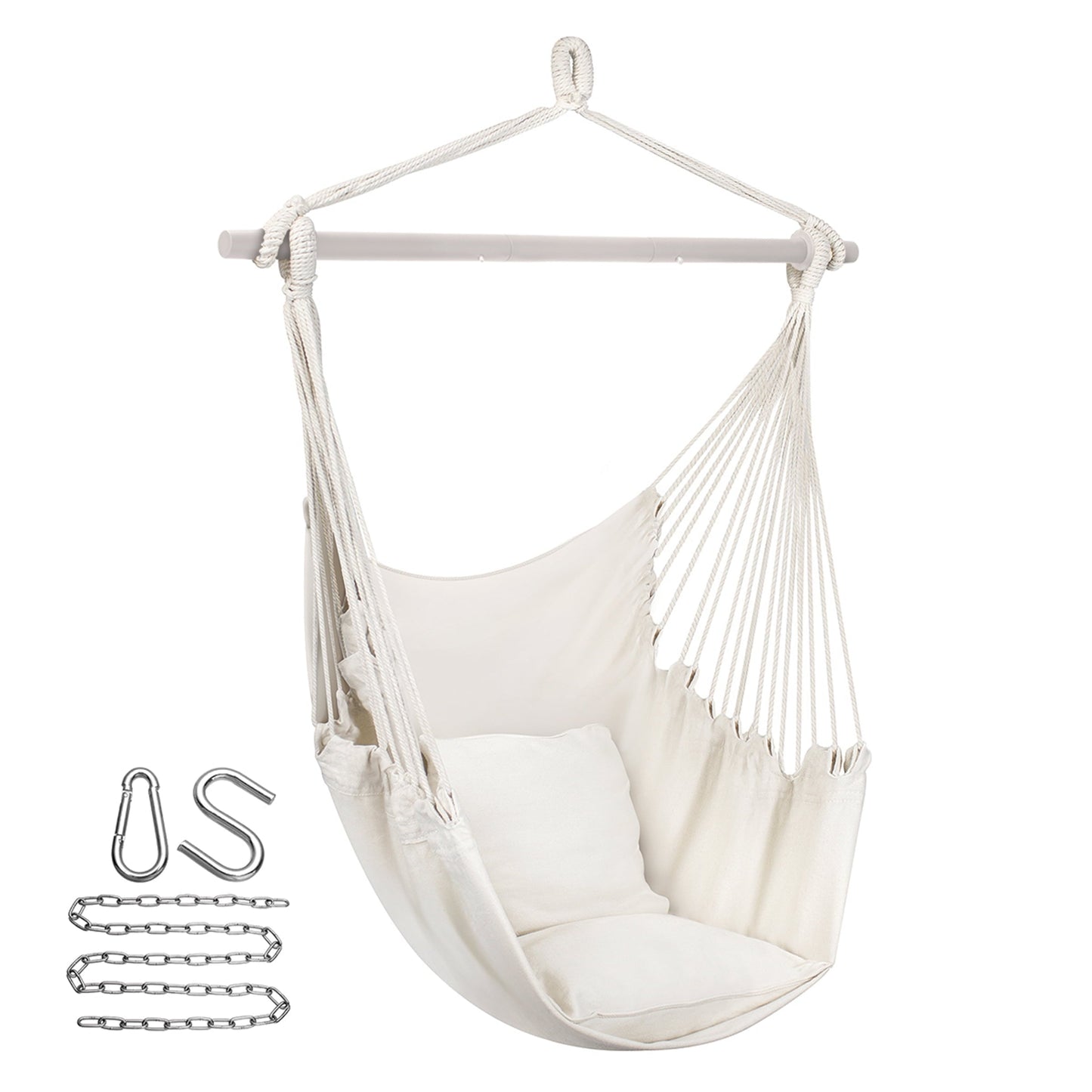 Hanging Rope Hammock Chair Swing Seat for Any Indoor or Outdoor Spaces- Max. 265 Lbs -2 Seat Cushions Included (Large, White)