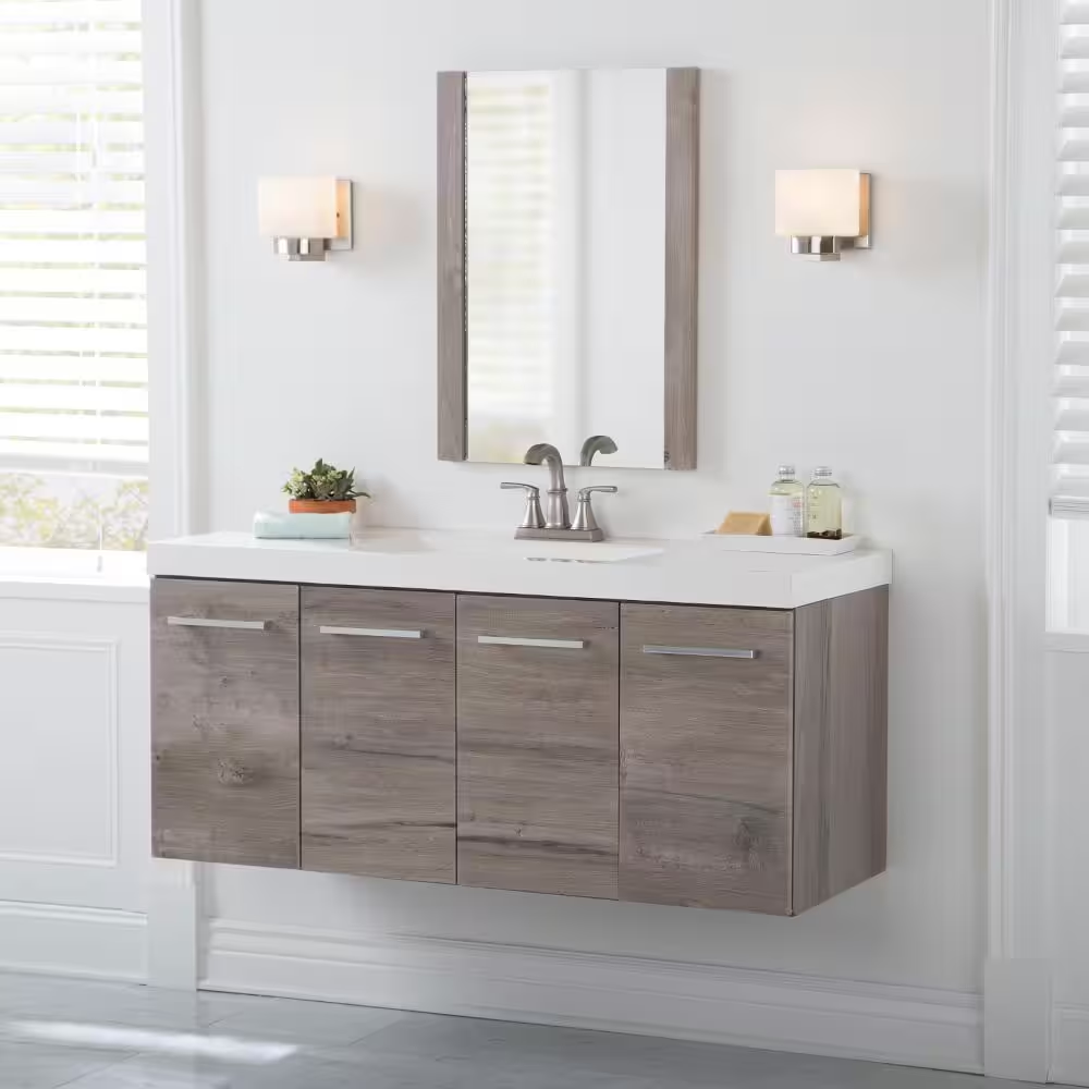 Stella 49 In. Single Sink White Washed Oak Floating Bath Vanity with White Cultured Marble Top (Assembled)