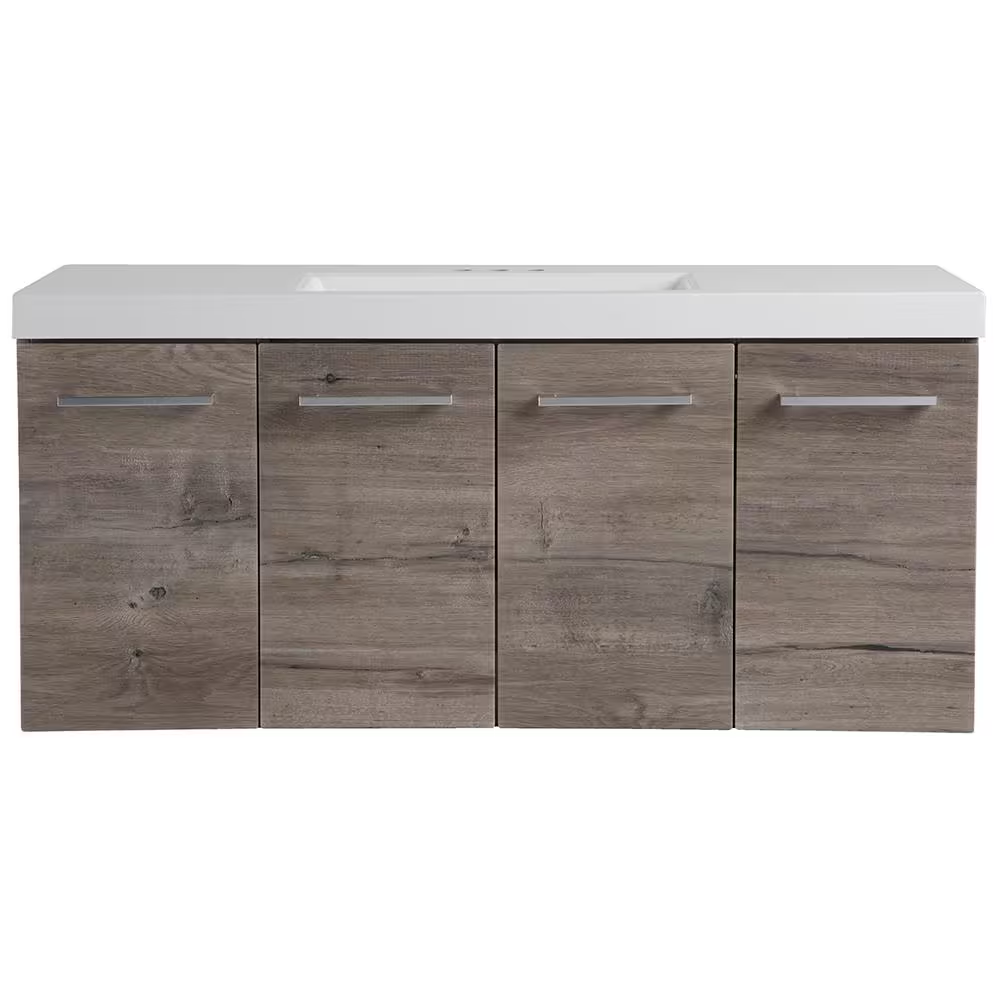 Stella 49 In. Single Sink White Washed Oak Floating Bath Vanity with White Cultured Marble Top (Assembled)