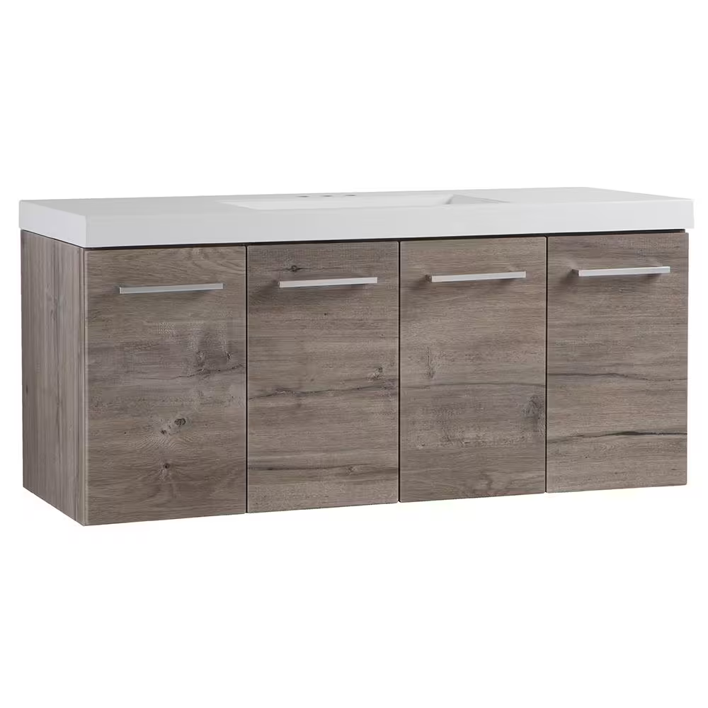 Stella 49 In. Single Sink White Washed Oak Floating Bath Vanity with White Cultured Marble Top (Assembled)