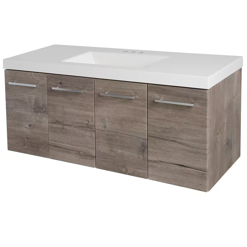 Stella 49 In. Single Sink White Washed Oak Floating Bath Vanity with White Cultured Marble Top (Assembled)