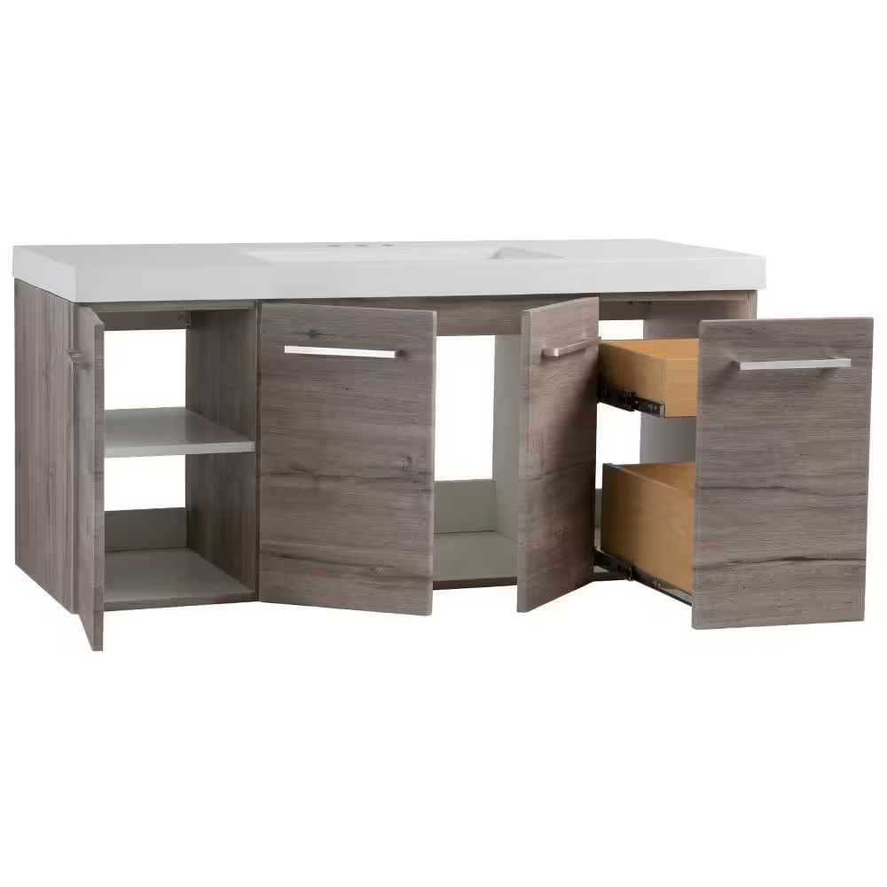Stella 49 In. Single Sink White Washed Oak Floating Bath Vanity with White Cultured Marble Top (Assembled)
