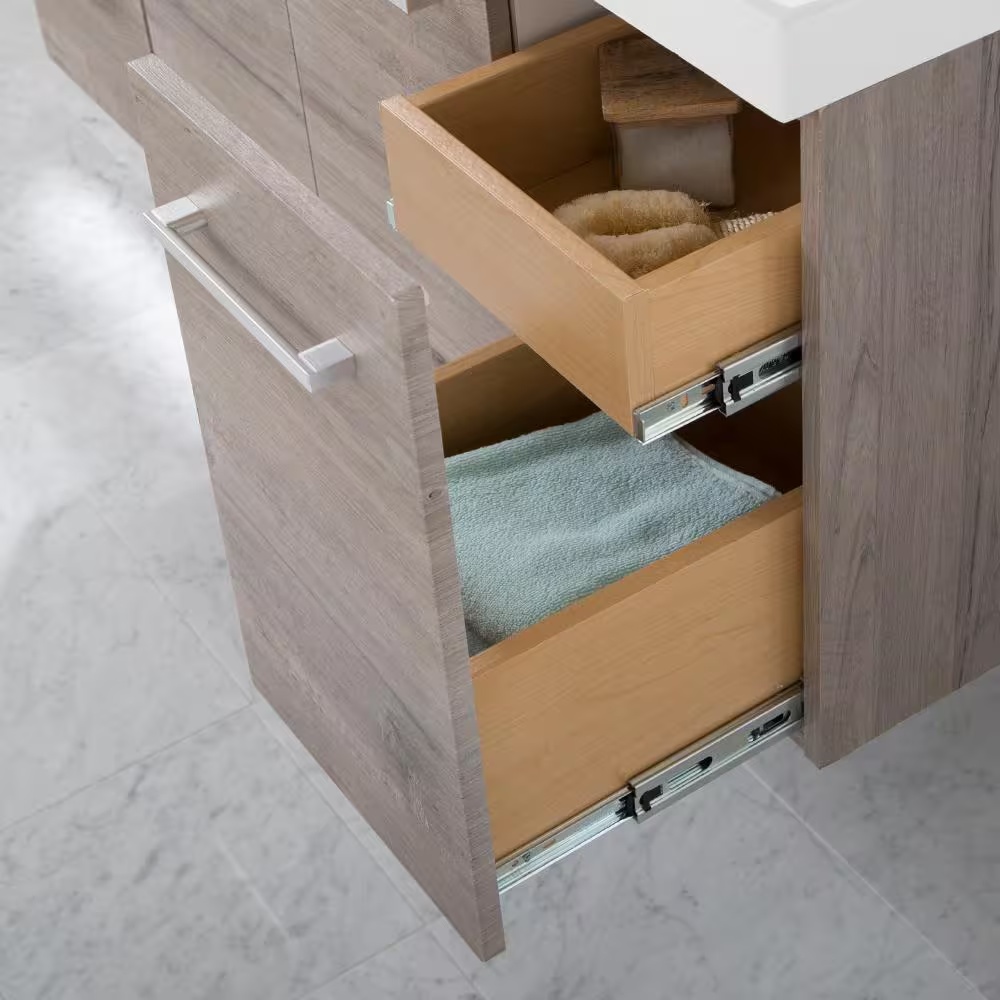 Stella 49 In. Single Sink White Washed Oak Floating Bath Vanity with White Cultured Marble Top (Assembled)