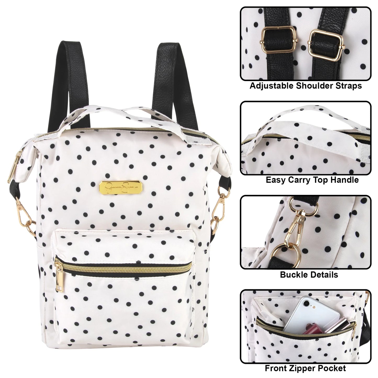 Mini Backpack Tote for Women, Teens and Girls for Work, School, Recreation, Commuting & Traveling in White Polka Dot