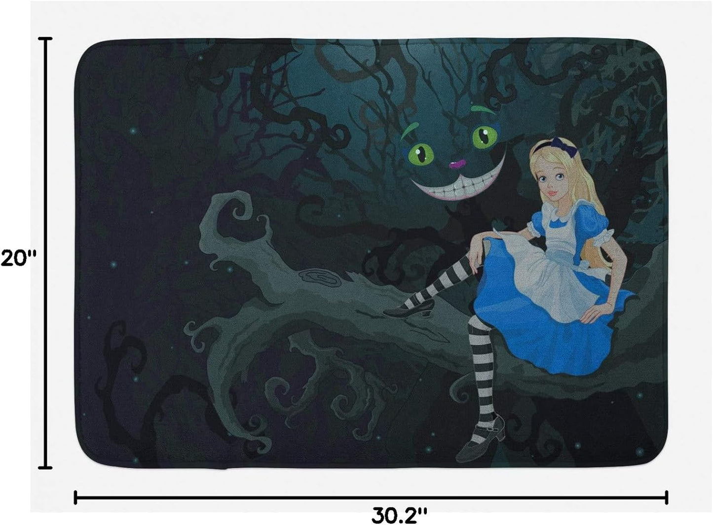 Alice in Wonderland Bath Mat, Alice Sitting on Branch and Chescire Cat in Darkness Cartoon Style, Plush Bathroom Decor Mat with Non Slip Backing, 30.2" X 20", Dark Petrol Blue