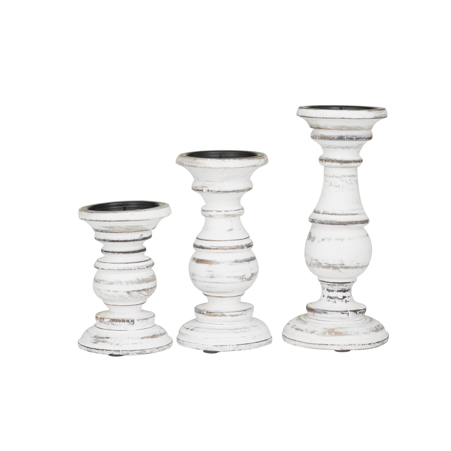 Traditional and Timeless Mango Wood Pillar Candle Holder Set of 3, 6", 8", 1"H, White/Rose Blush Finish