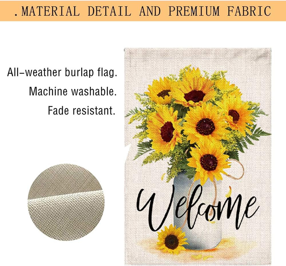 Sunflower Arrangement Vase Welcome Garden Flag Double Sided,Burlap Summer Fall Farmhouse Outdoor Welcome Garden Decor,Small Garden Flag 12X18 Prime
