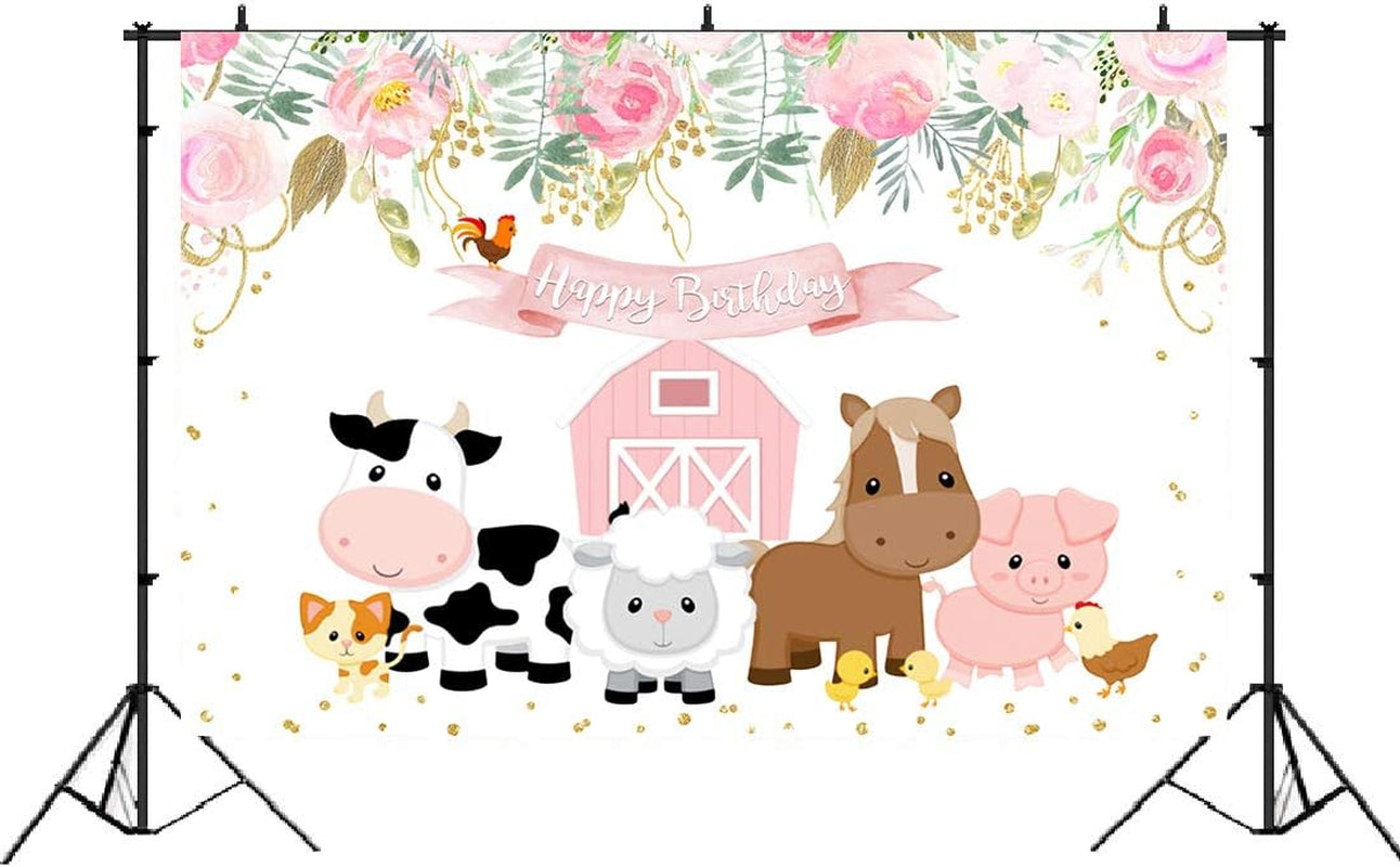 Pink Farm Animals Birthday Backdrop Little Princess Birthday Barnyard Theme Background Cute Farmhouse Flower Girls Birthday Newborn Baby Party Decorations Cake Table Banner 5X3Ft