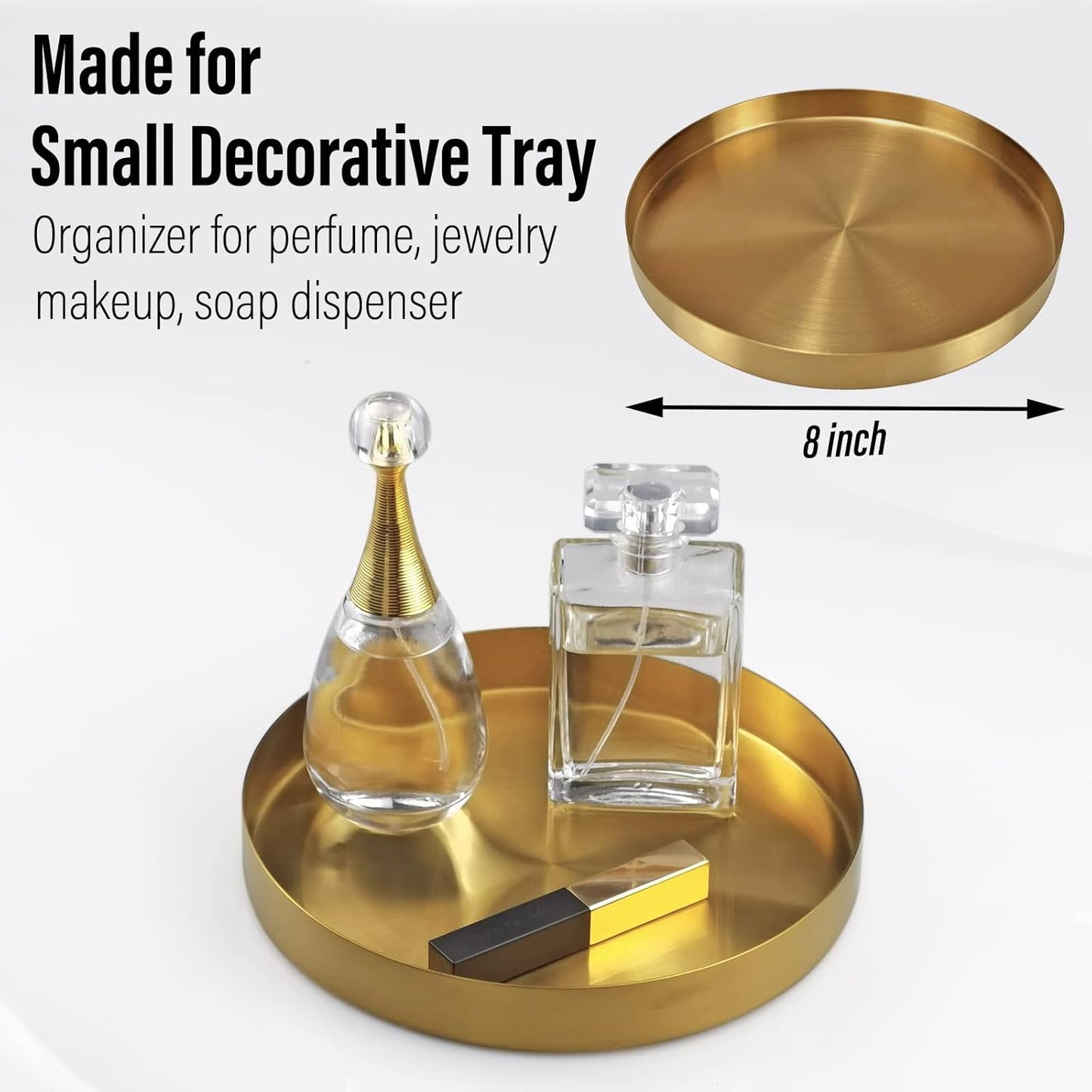 round Serving Tray, Perfume Organizer Candle Organization Centerpieces for Dinning Preppy Room Decor Coffee Table Desk Vanity Countertop Bathroom Storage Accessories, Brass Gold, 8 Inch