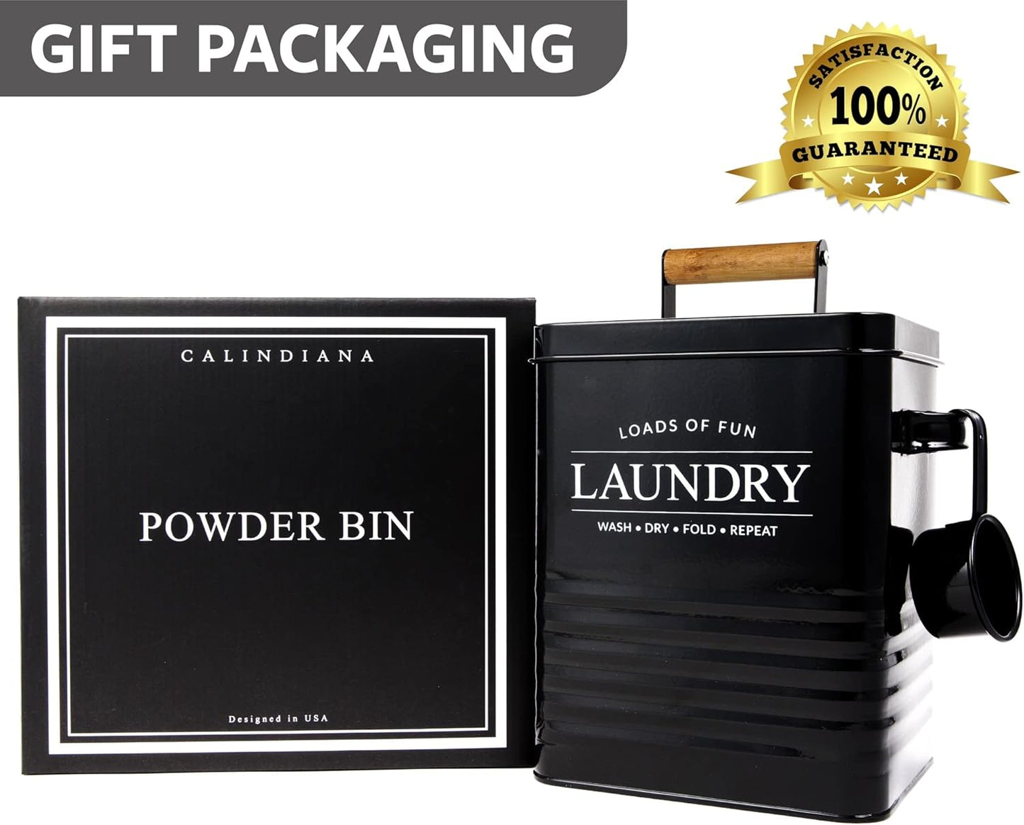 Modern Farmhouse Metal Laundry Soap Dispenser Container Holder with Scoop for Laundry Room Decor and Space Saving Laundry Room Organization and Storage, Laundry Powder Container, Black