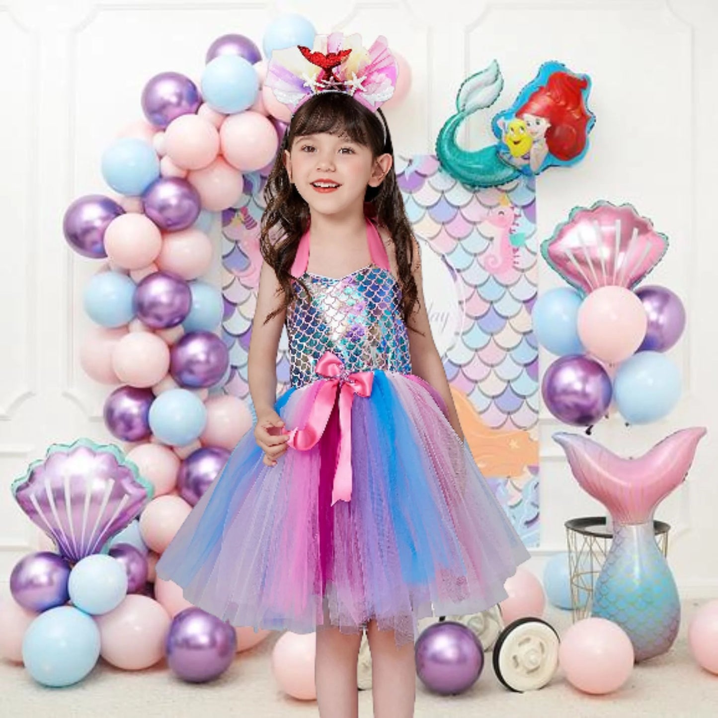Little Girls Sequin Ariel Mermaid Princess Cosplay Dress Birthday Party Halloween Cosplay Costumes with Hairband 6-7 Years