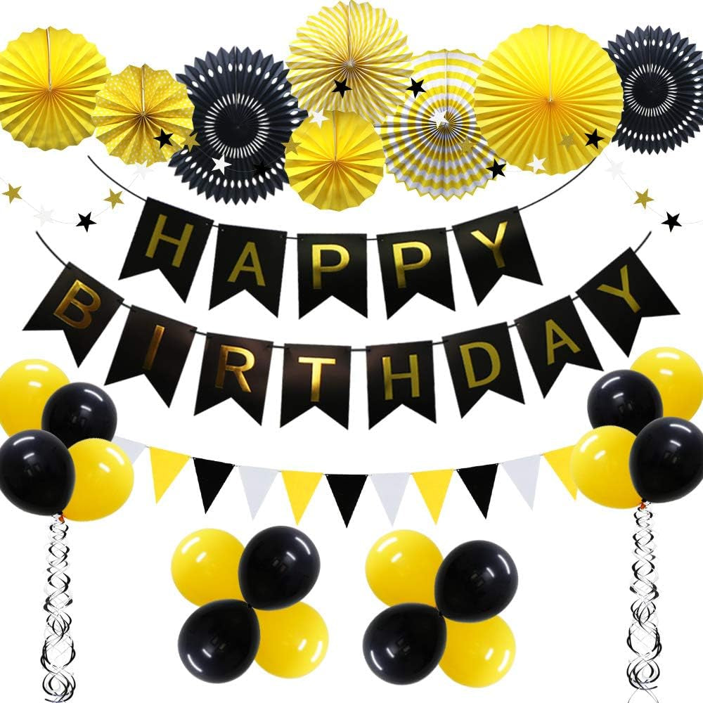 Yellow Black Party Decoration - Happy Birthday Banner with Balloons, Triangular Pennants, Hanging Swirls, Paper Fans, Circle Star Paper Garland for Baby Shower Bumble Bee Theme