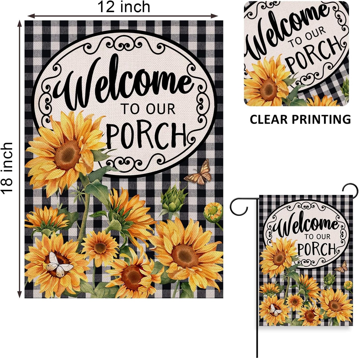 Home Decorative Welcome to Our Porch Spring Summer Sunflower Garden Flag, Black White Buffalo Plaid Check Yard outside Decoration, Fall Autumn Farmhouse Outdoor Small Decor 12 X 18
