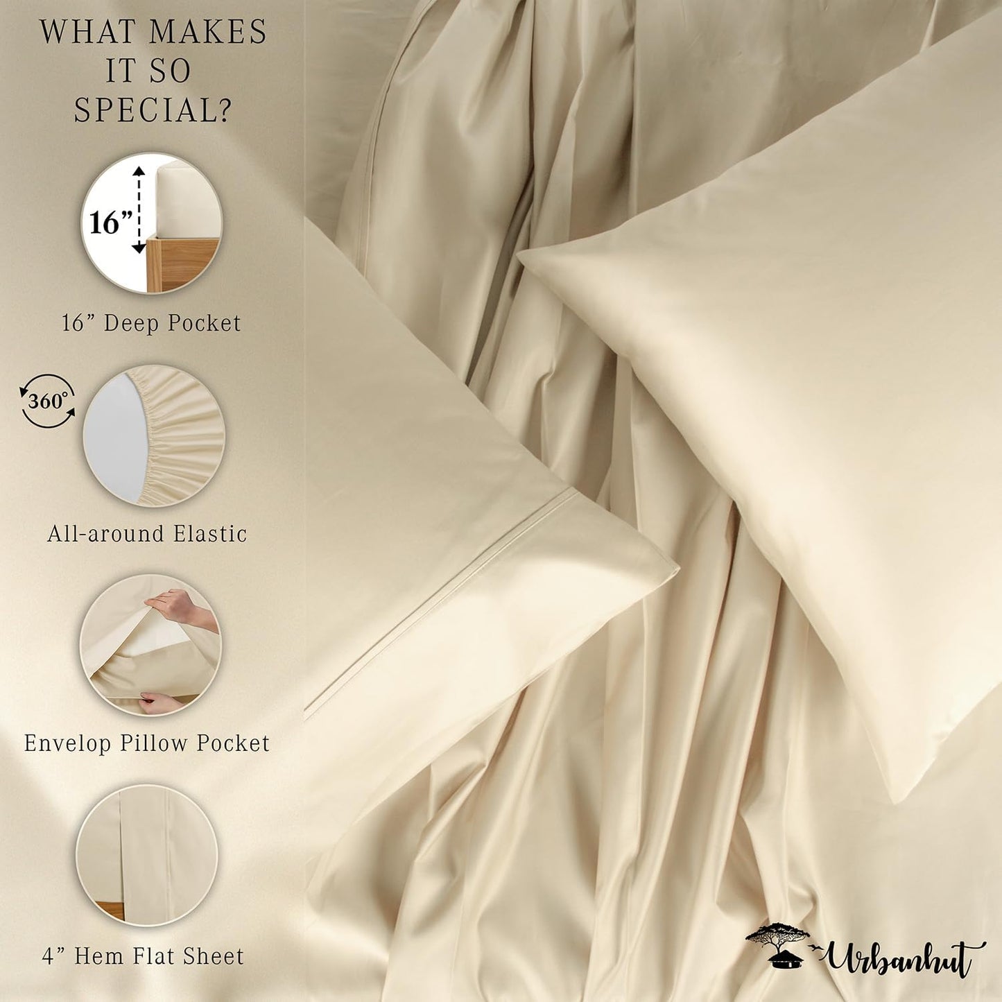 700 Thread Count Queen Sheet Set Egyptian Cotton Sheets, 4Pc Sheet Set Soft Luxury Bed Sheets for Queen Size Bed, Sateen Weave Hotel Sheets, 16'' Elasticized Deep Pocket - Ivory