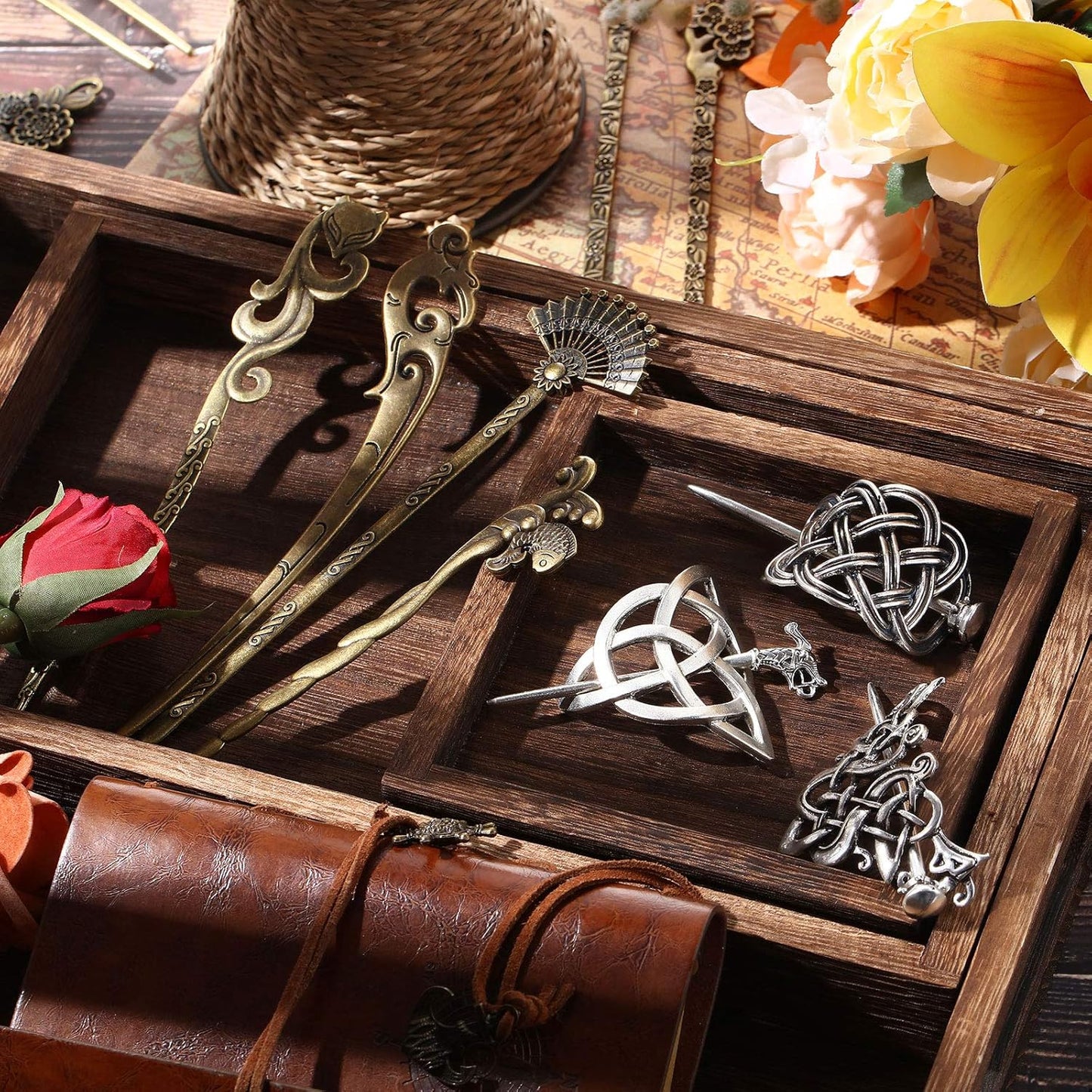4 Pieces Retro Silver Celtic Hair Slide Hairpins and 11 Pieces Vintage Bronze Viking Hair Sticks Hair Accessories for Women Girls