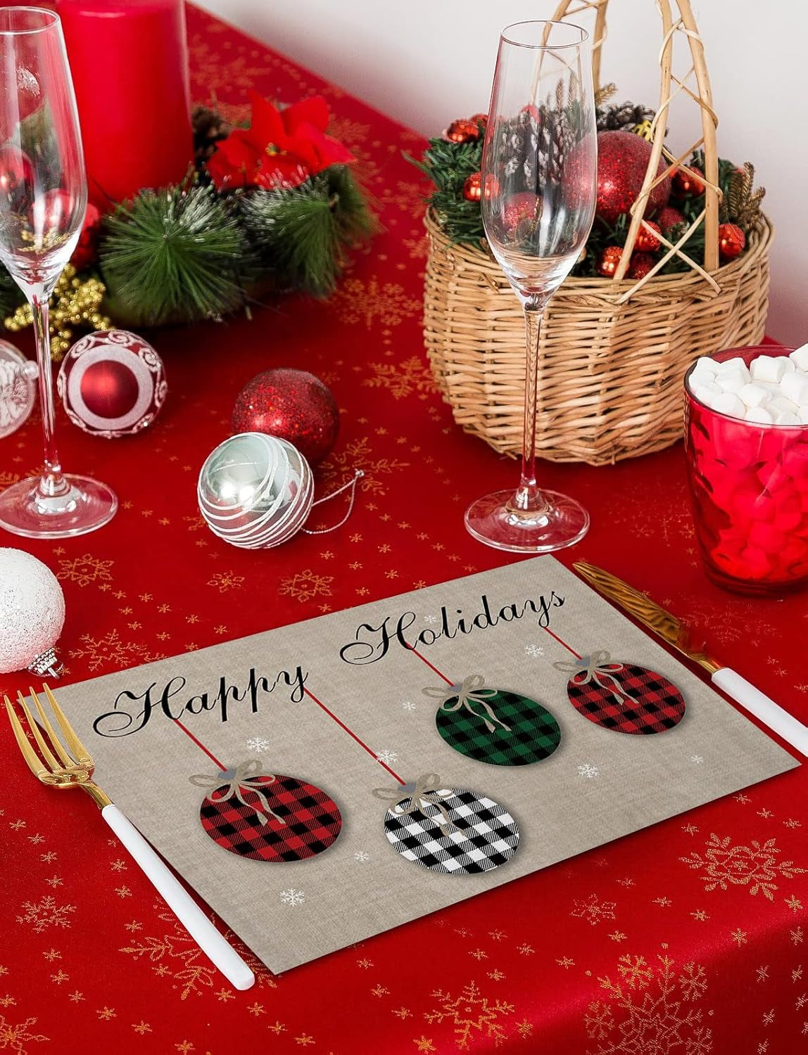 Christmas Theme Placemats Set of 6, Farmhouse Rustic Ornaments Plaid Balls Cotton Line Stain Resistant Table Mats Washable Holidays Placemat Decoration for Kitchen Dining Table Happy Holidays