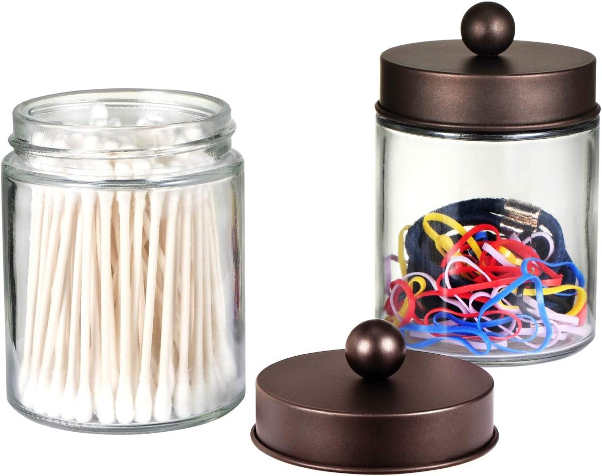4Pc Apothecary Jars Bathroom Vanity Storage Organizer Set -Countertop Canister with Stainless Steel Lids &Cute Stickers - Qtip Dispenser Holder for Qtips,Cotton Swabs,Makeup Sponges (Bronze)
